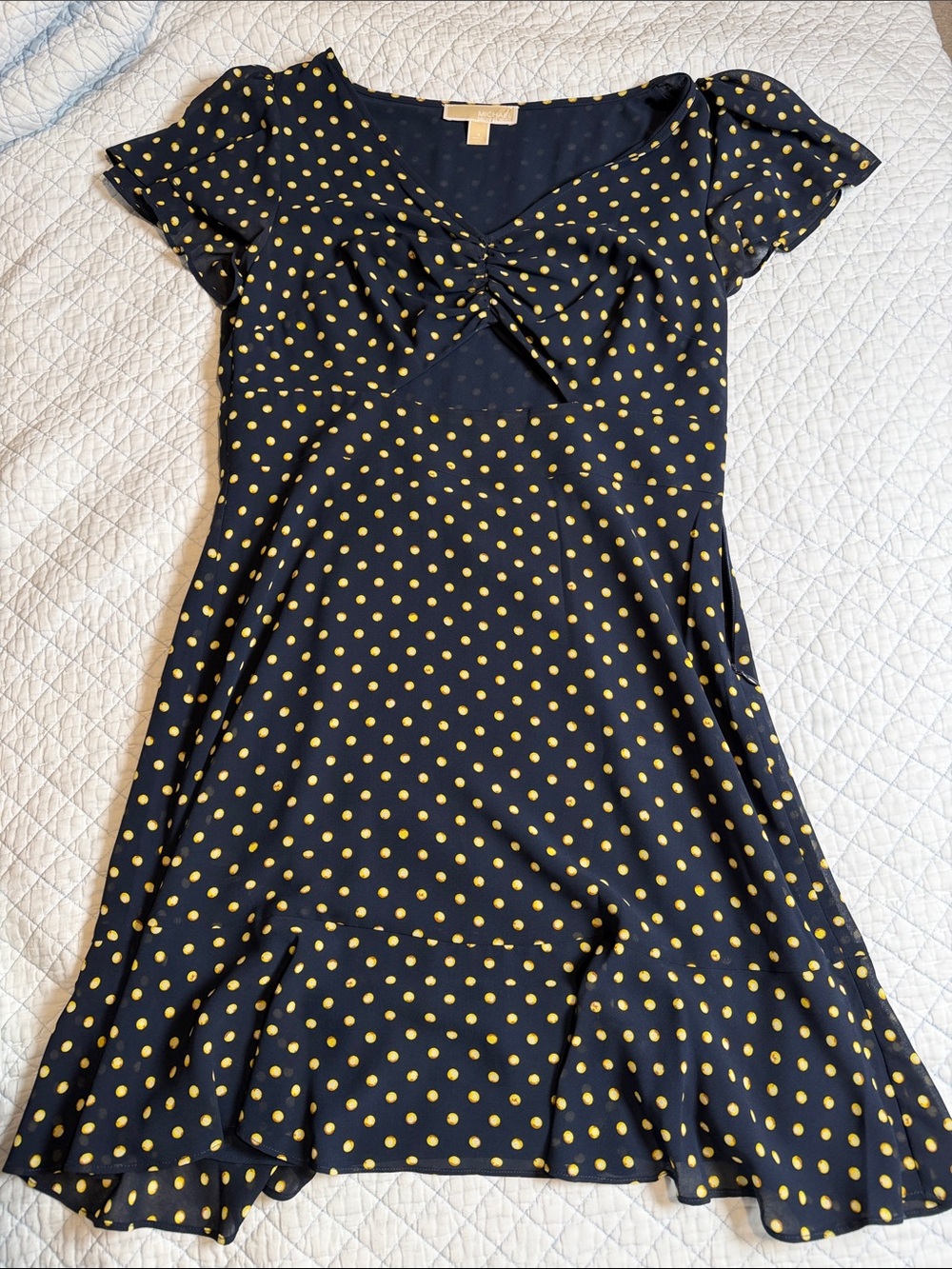 MICHAEL Michael Kors Blue Dress with Yellow Polka Dots - Knot Front Midi